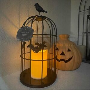 NWT Halloween Bella Lux Black Bird Cage LED Candle Holder w/Bats and Bird on Top